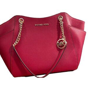 Michael Kors Red Leather Satchel Tote Shoulder Bag Purse Gold Chain Logo Charm